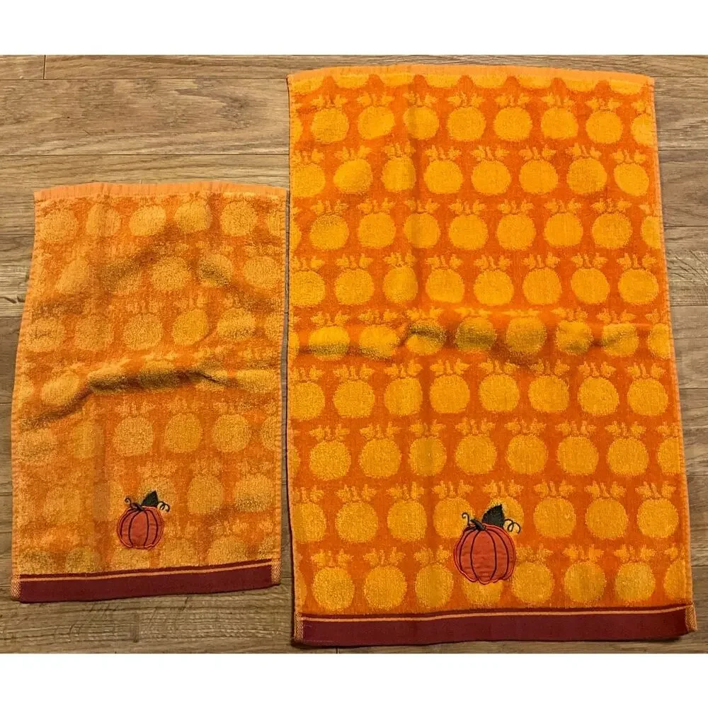 Set Harvest Fall Pumpkin Kitchen Bath Dish Hand Towel Orange Overall Pumpkin